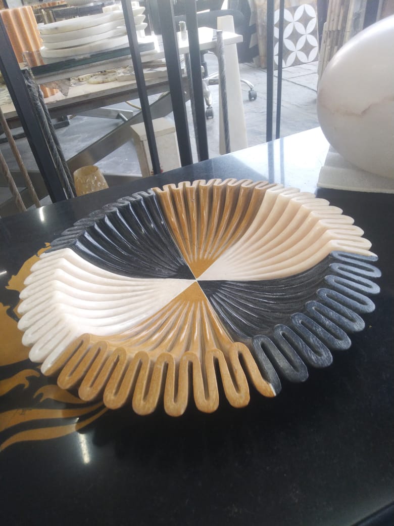 Stone Plus India White Yellow and Black Marble Ruffle Bowl