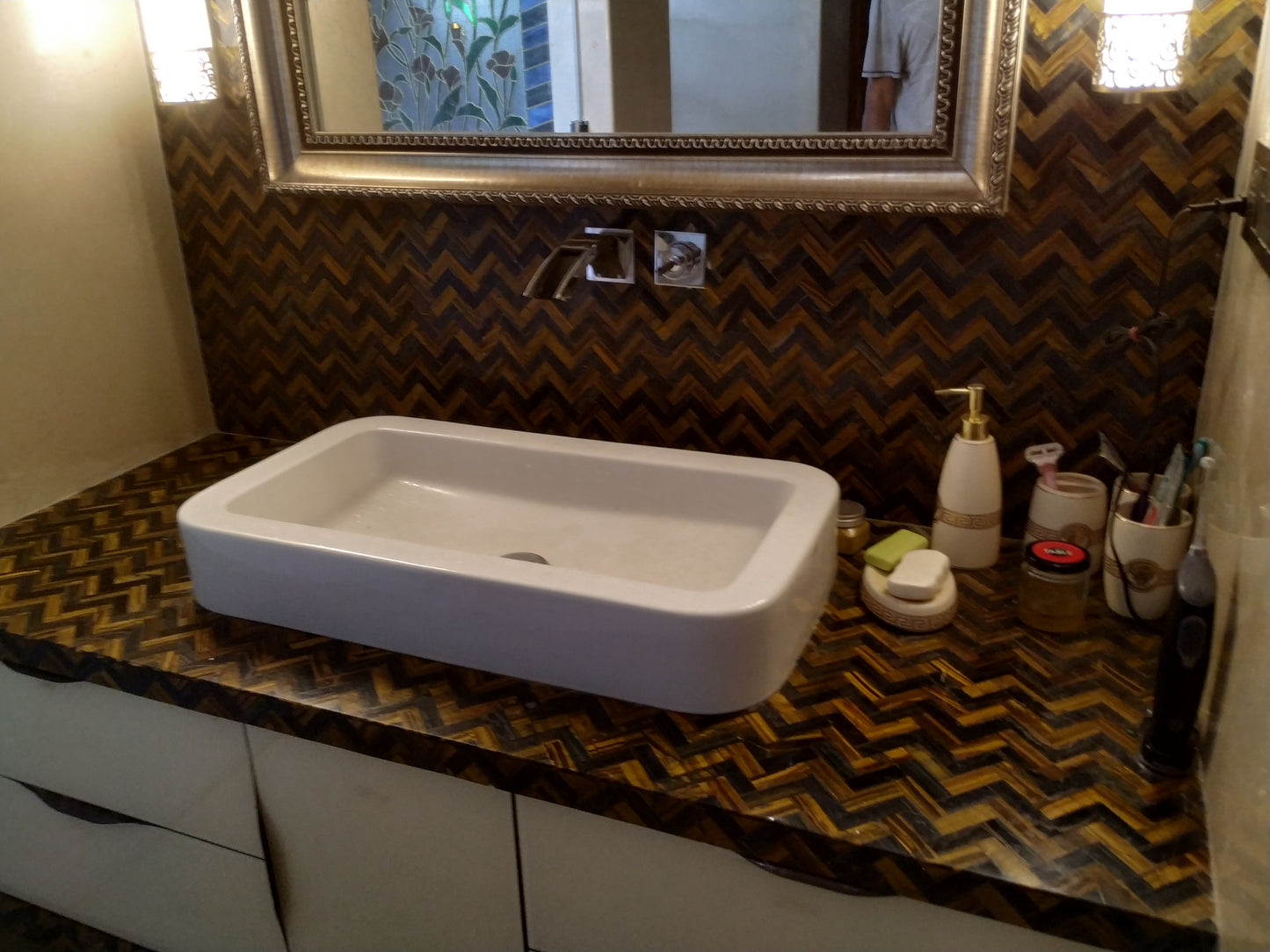 Stone Plus India Golden and Blue Tigers eye herringbone Bathroom Design
