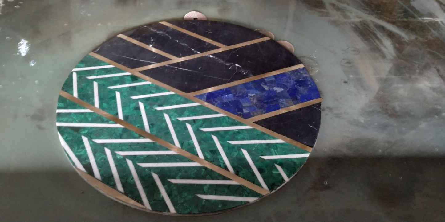 Stone Plus India Marble Overlay Tabletop in Lapiz, Malachite, Brass
