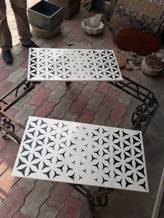 Stone Plus India Black and White Marble Inlay Side Tabletop set of 2