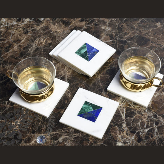 Opulent Homes White Marble Inlay with Malachite and Lapiz Coasters set of 4