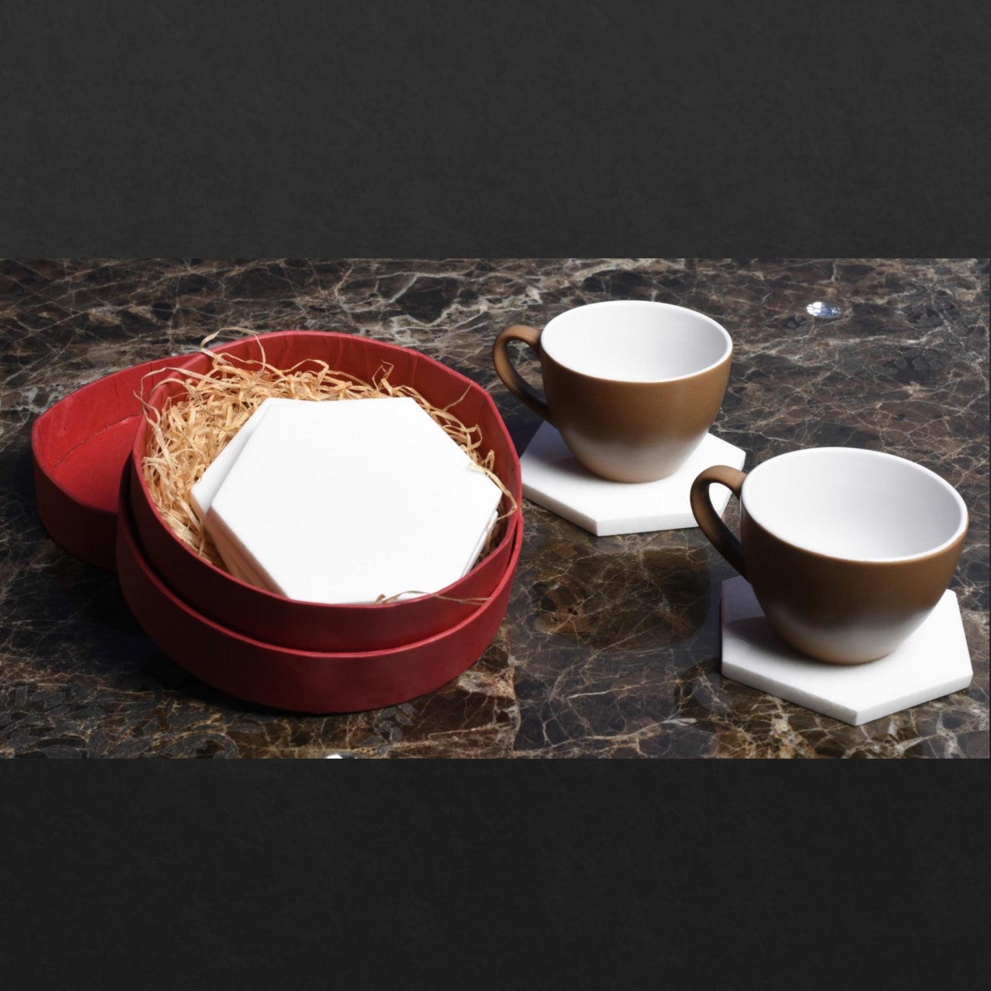 Opulent Homes White Marble Hexagon Coasters set of 4