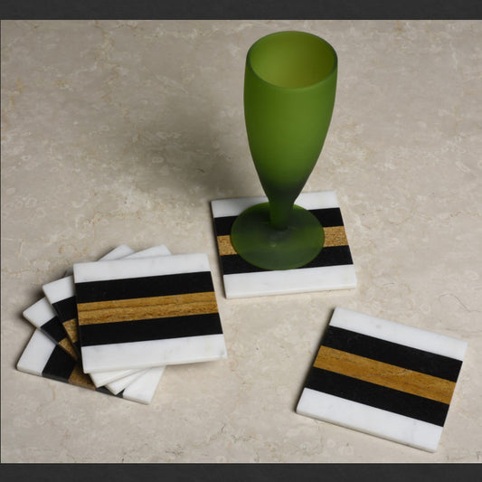 Opulent Homes White Marble , Black Marble and Yellow Marble Coasters set of 6