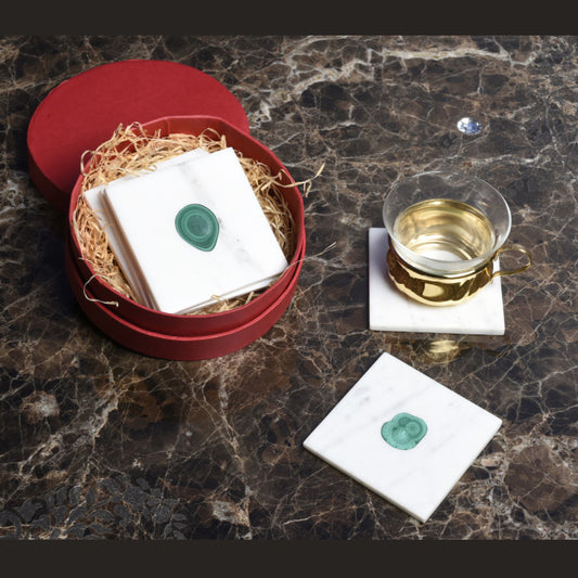 Opulent Homes Marble Inlay with Malachite Coaster set of 4