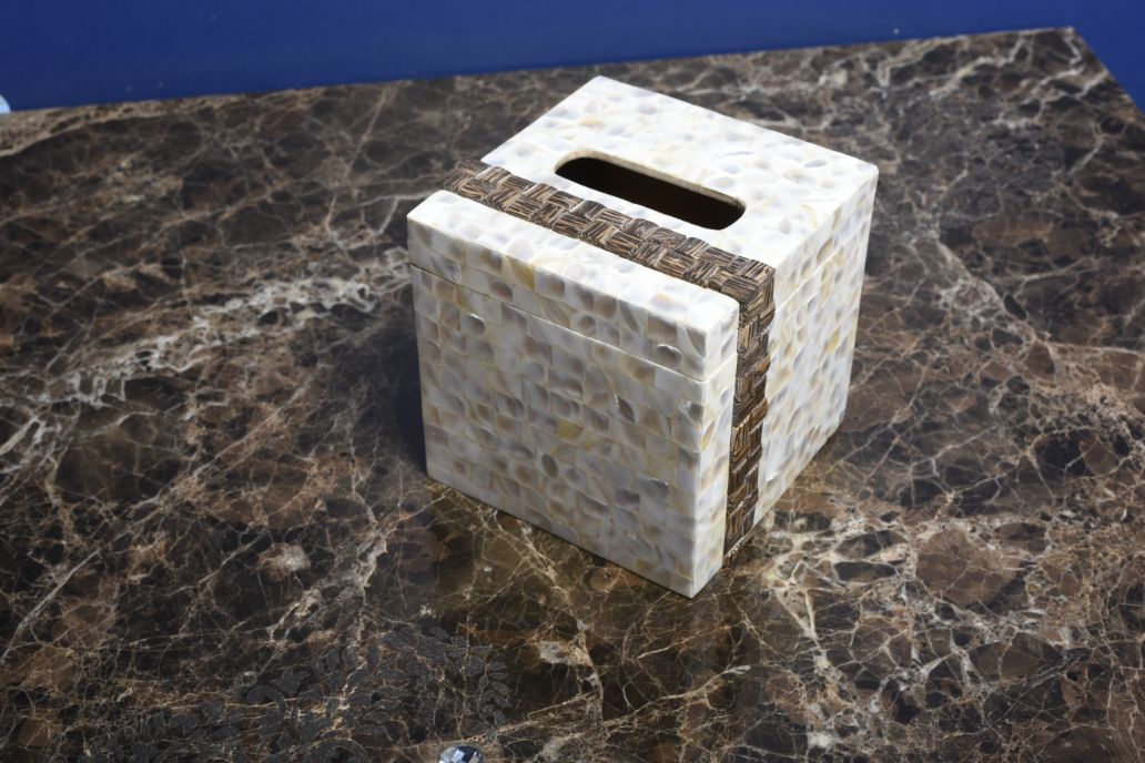 Opulent Homes White Mother of Pearl Taadiwood Tissue box 666