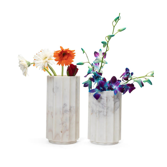 Stone Plus India Pearl White Marble Fluted Set of Two Flower Vase 10585