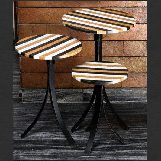 Stone Plus India Black, Yellow & White Marble Stripe Table Set of 3