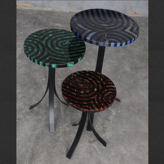 Stone Plus India Lapis with Black Markina Marble,  Malachite with Black Markina Marble and Red Agate with Black Markina Marble Table set of 3