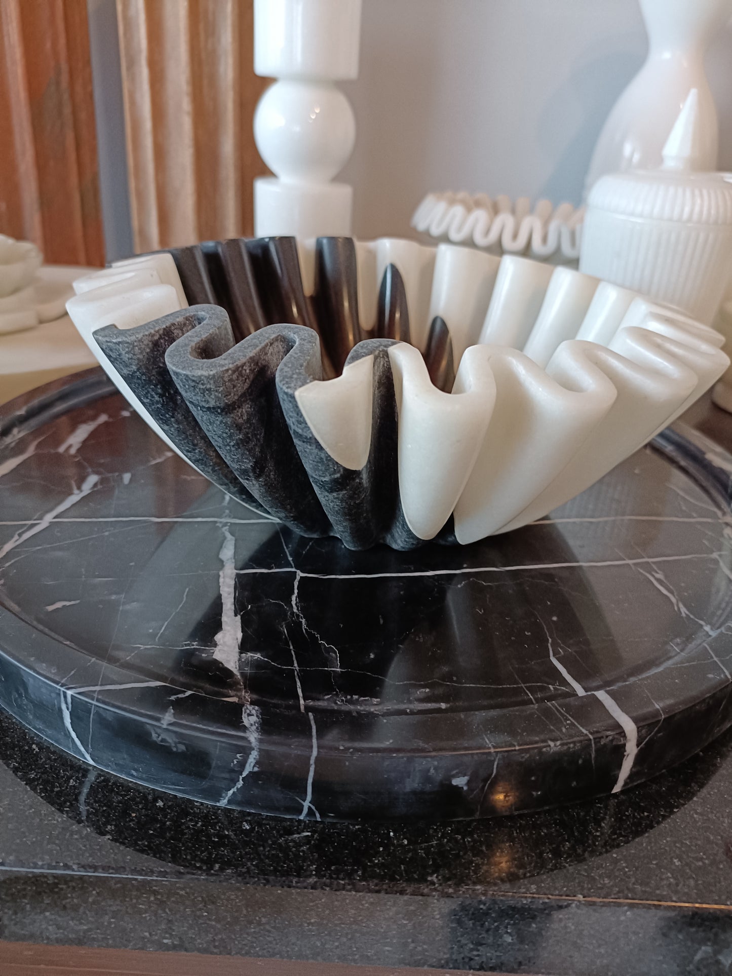 Stone Plus India White and Black  Ruffle Marble Bowl