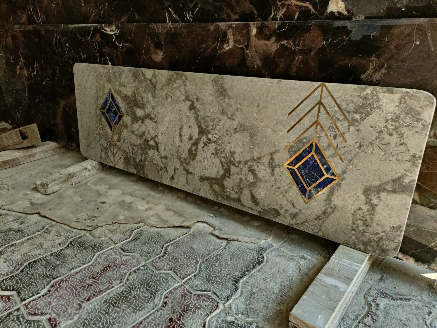 Stone Plus India Marble Inlay Tabletop with Brass and Lapiz