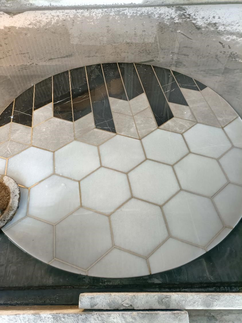 Stone Plus India Marble Inlay Round Tabletop with Brass inlay