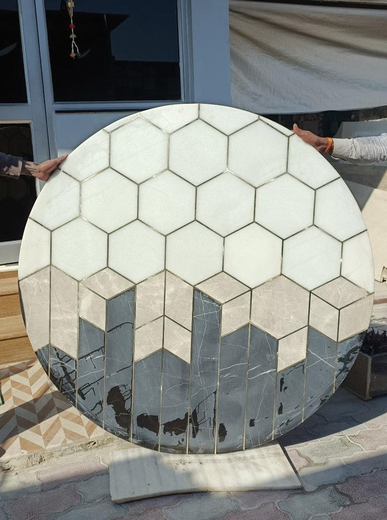 Stone Plus India Marble Inlay Round Tabletop with Brass inlay
