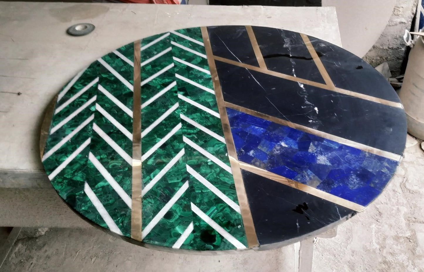 Stone Plus India Marble Overlay Tabletop in Lapiz, Malachite, Brass