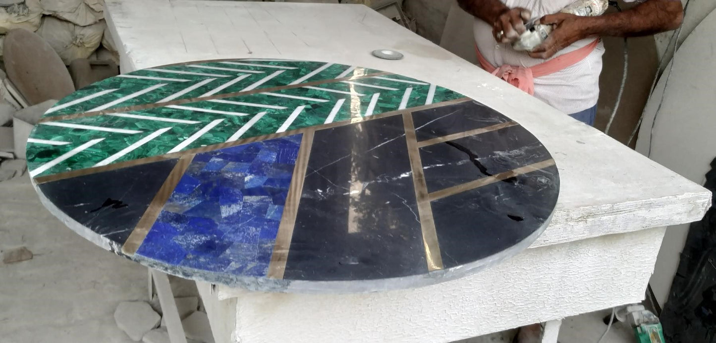 Stone Plus India Marble Overlay Tabletop in Lapiz, Malachite, Brass