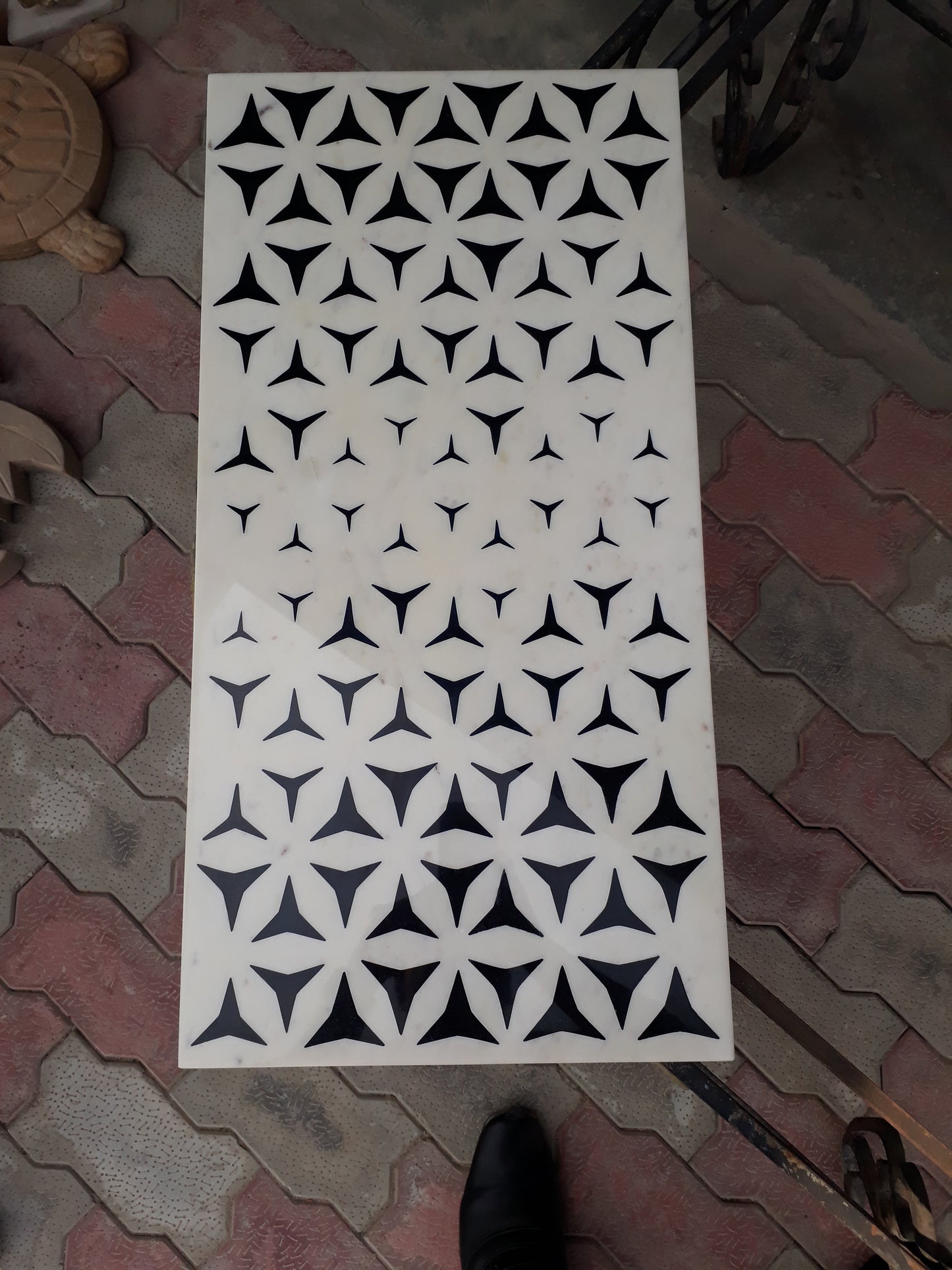 Stone Plus India Black and White Marble Inlay Side Tabletop set of 2