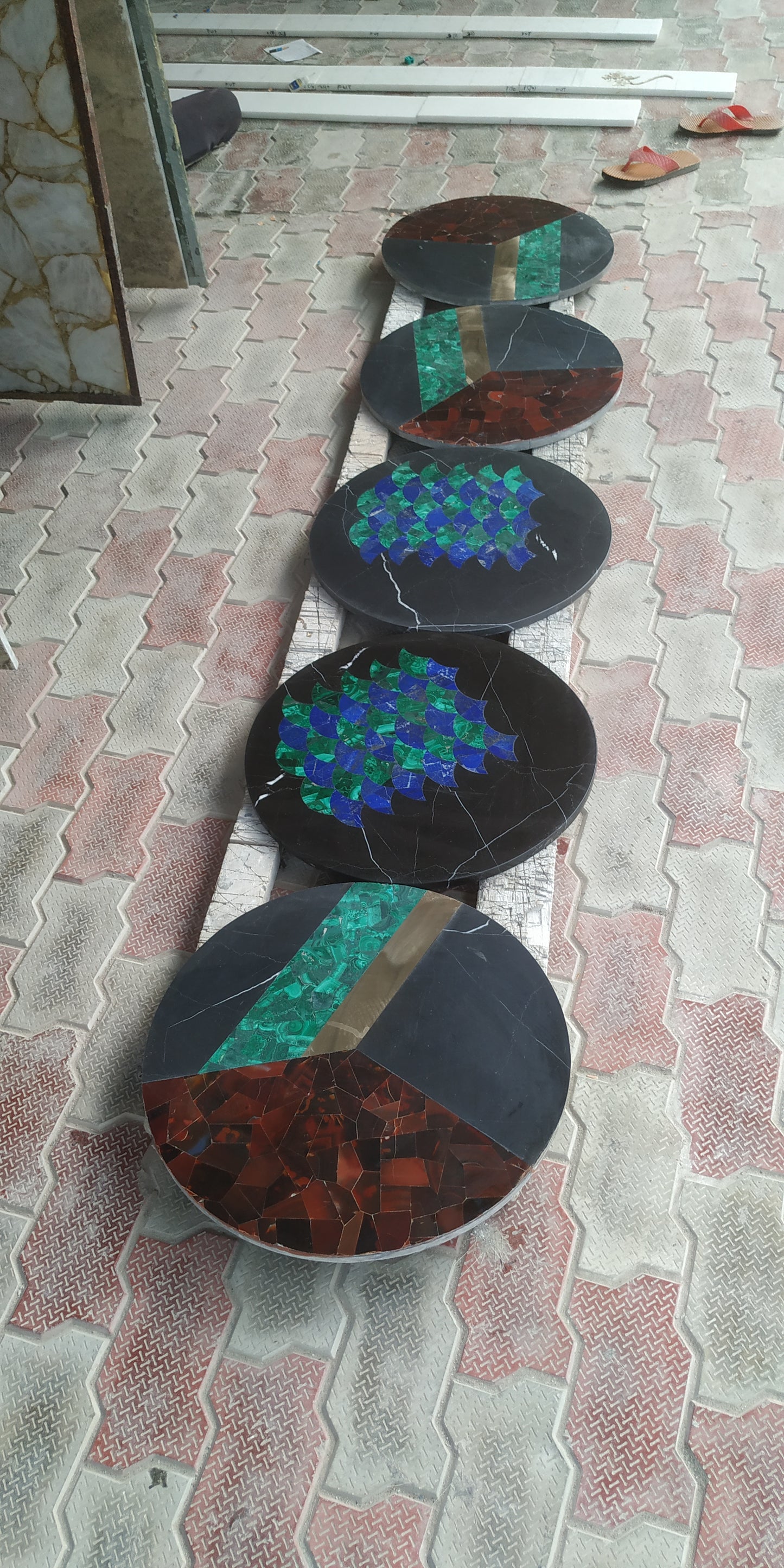 Stone Plus India Marble, Lapiz, Malachite, Red Agate , Brass Tabletops Set of 4
