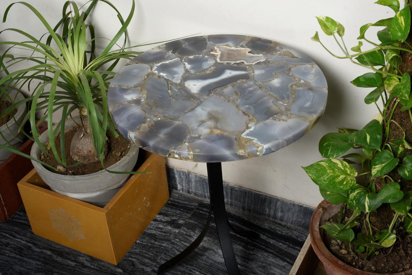 Stone Plus India  Grey Agate Table with 3 legged Metal Base