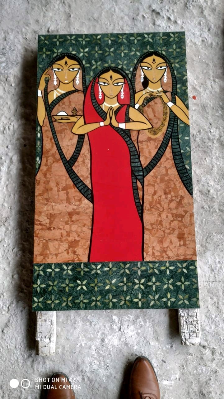 Stone Plus India Marble Inlay Wall mural/ Jamini Roy Art Work / Three worshipping Women